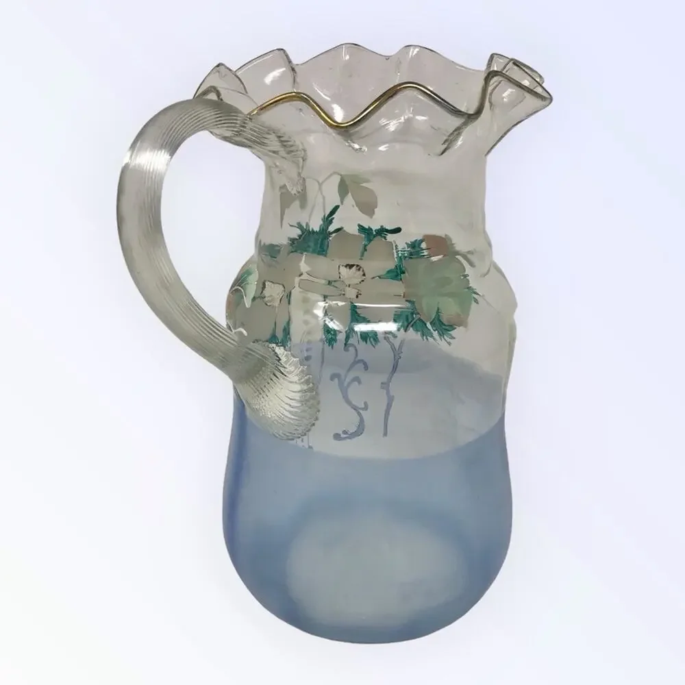 Victorian Hand Painted Pitcher Enameled  Blue Art Glass Floral Pitcher